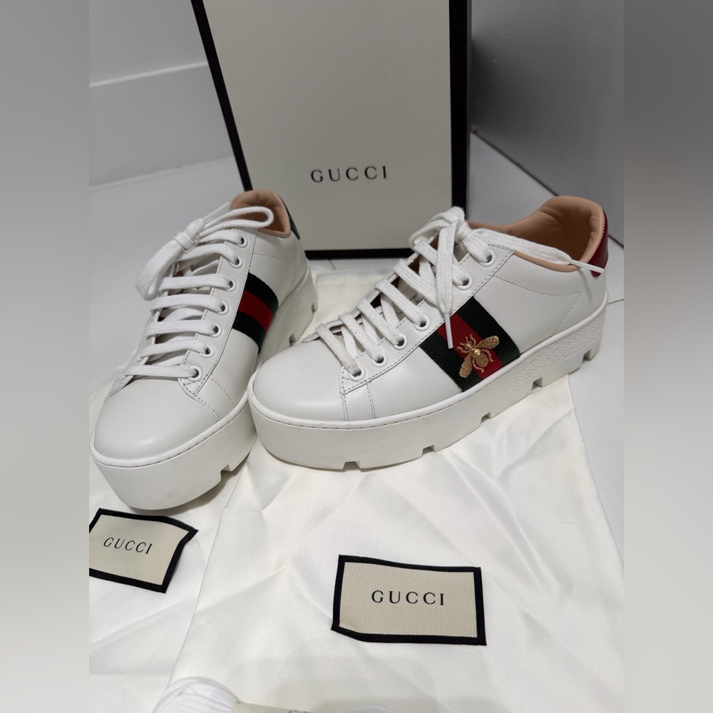 Gucci Women's Ace Web Platform Sneakers Leather Green, Red, White